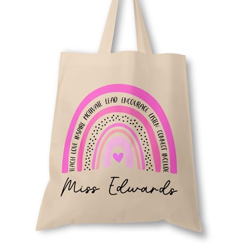 Personalised Pink Rainbow teacher tote bag with name