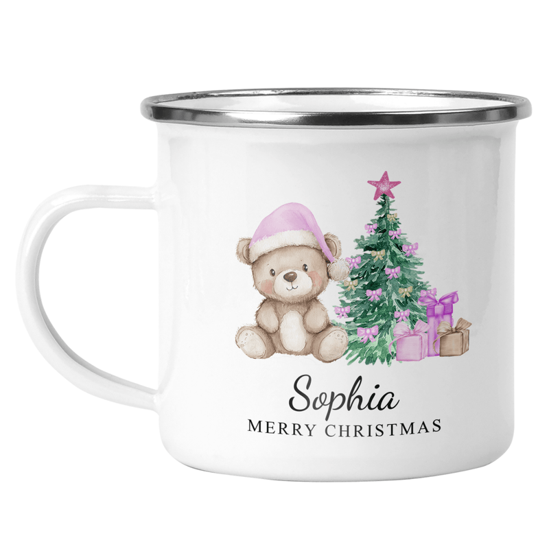 Personalised Pink Teddy Bear Enamel Mug shown with printed design