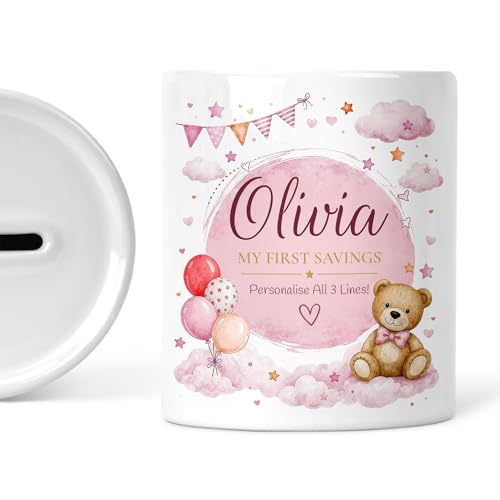 Pink teddy bear money box with personalised name and message