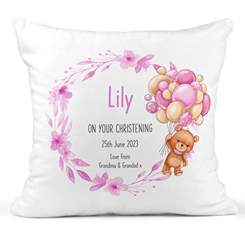 Personalised Pink Teddy Christening Cushion