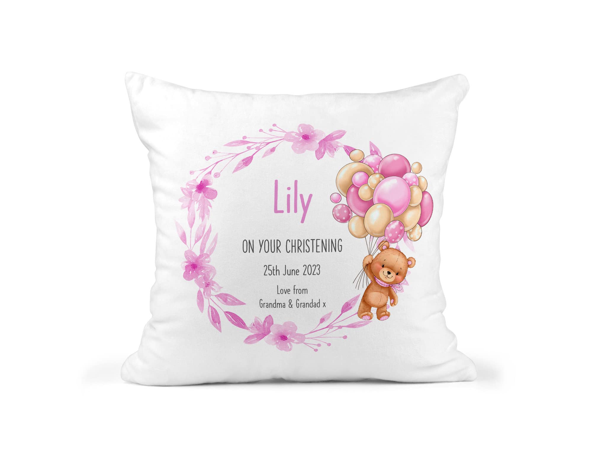 Personalised Pink Teddy Christening Cushion additional product photo