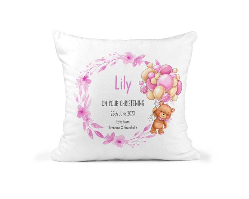 Personalised Pink Teddy Christening Cushion additional product photo