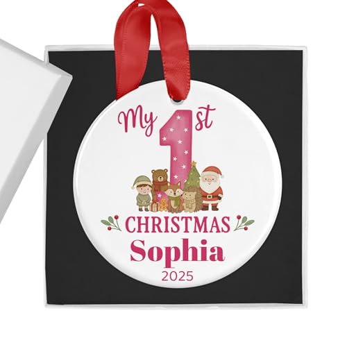 Personalised pink first Christmas ceramic bauble with woodland design.