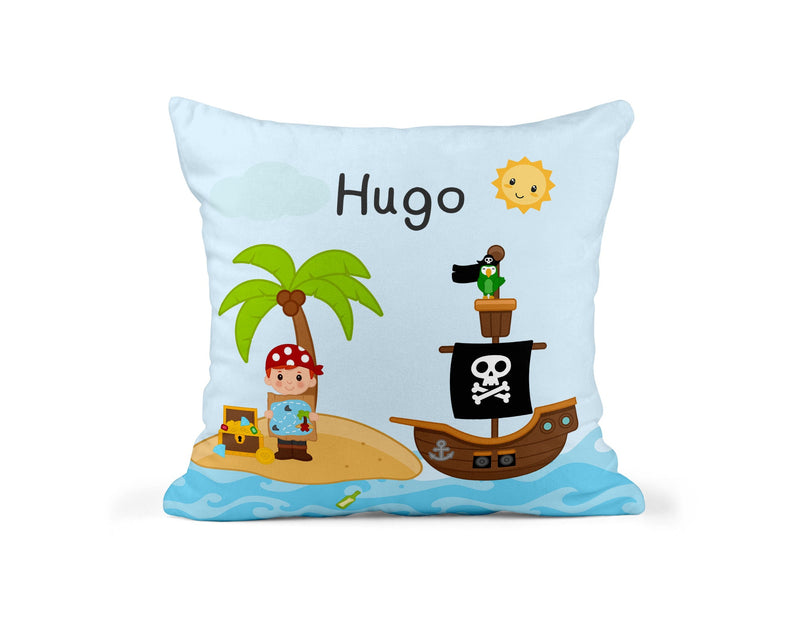 Personalised Pirate Cushion with Name showing a pirate adventure design front view