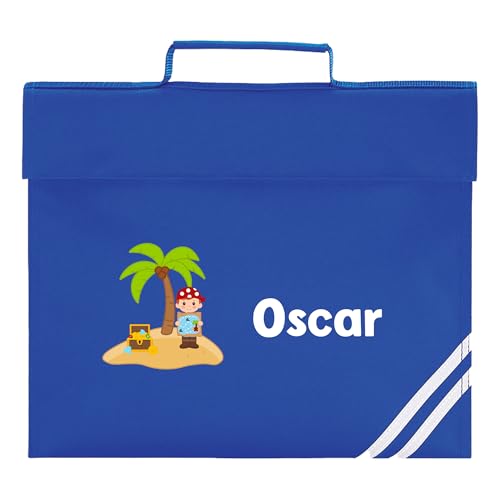 Blue pirate island treasure school book bag with white name and diagonal stripes.