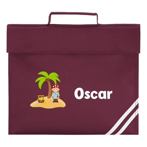 Burgundy pirate treasure island school book bag with bold white name print.