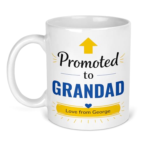 Promoted to Grandad mug with gold arrow, blue lettering and Love From name banner