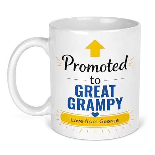 Promoted to Great Grampy mug with gold arrow and Love From name banner