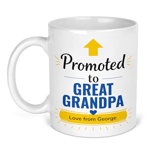 Promoted to Great Grandpa mug with gold arrow, blue wording and name banner