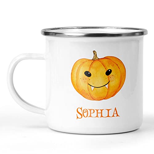 Personalised Pumpkin Halloween Enamel Mug with Name