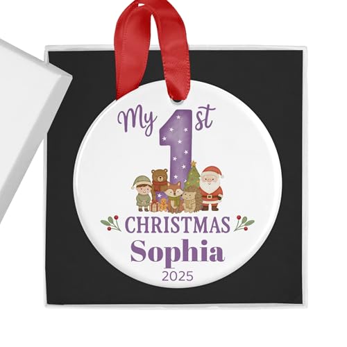 Personalised purple first Christmas ceramic bauble with woodland design.