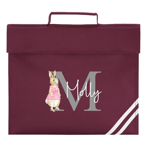 Burgundy school book bag with rabbit initial and script name design.
