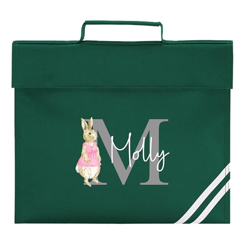 Green school book bag with rabbit initial and cursive name design.