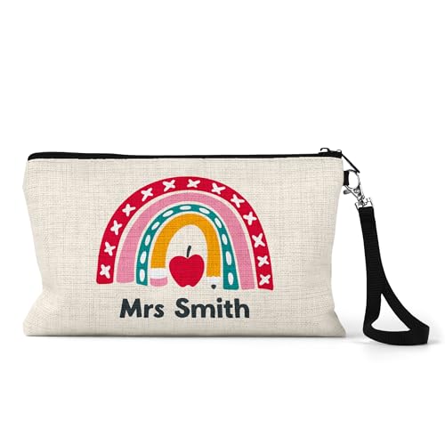 Personalised teacher pencil case with rainbow apple design and name.