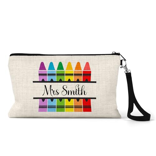 Rainbow crayon teacher pencil case with custom name.