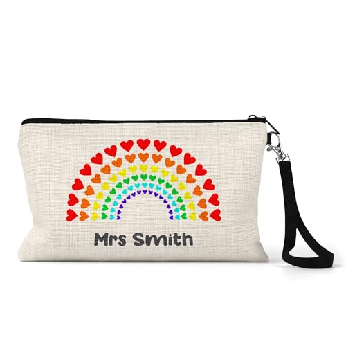 Personalised teacher pencil case with rainbow heart design and name.