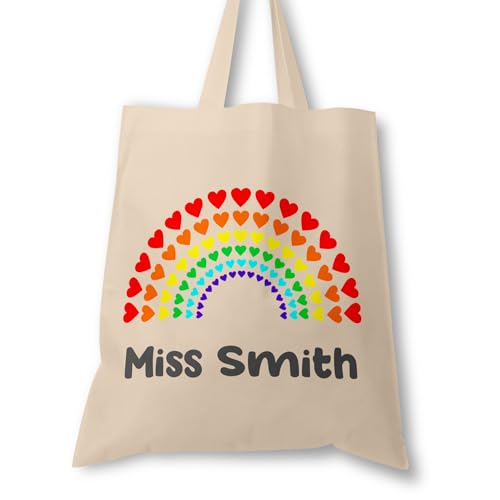 Personalised Rainbow Heart teacher tote bag with name