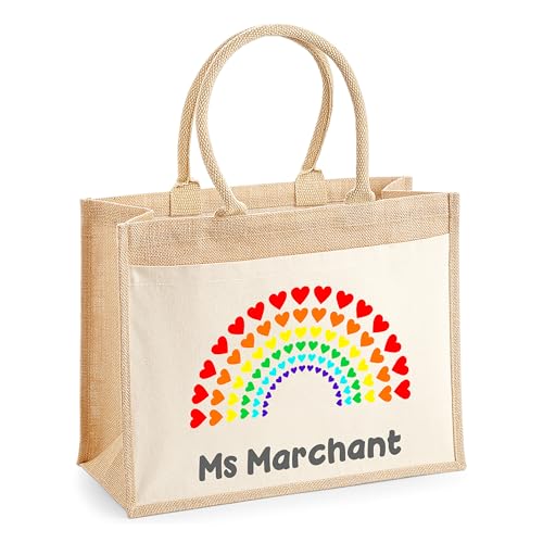 Personalised Rainbow Hearts Jute Tote Bag with Name