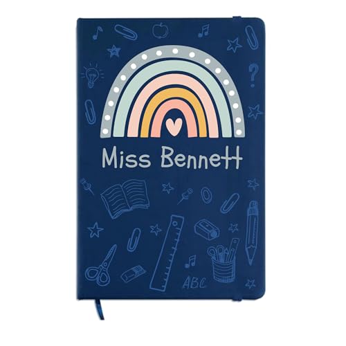 Blue A5 teacher notebook with pastel rainbow, school doodles and custom name.