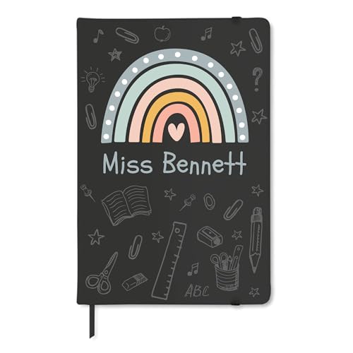 Black A5 teacher notebook with pastel rainbow design and custom name