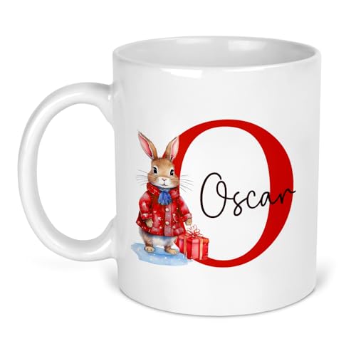Red Bunny Initial Christmas ceramic mug with initial and name