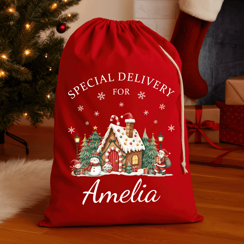 Personalised red Christmas sack with festive house design and printed name