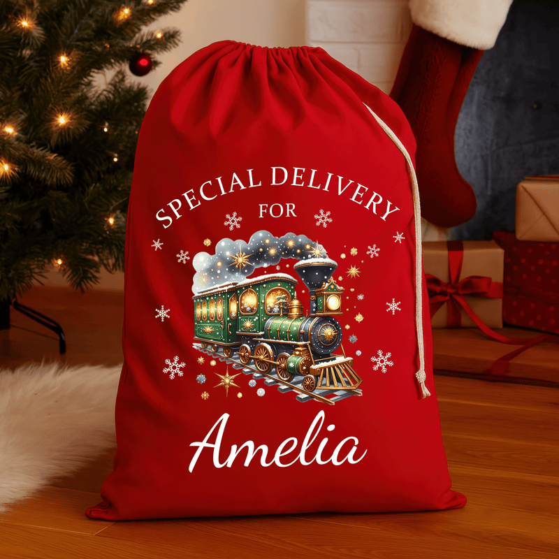 Personalised red Christmas sack with festive train design and printed name