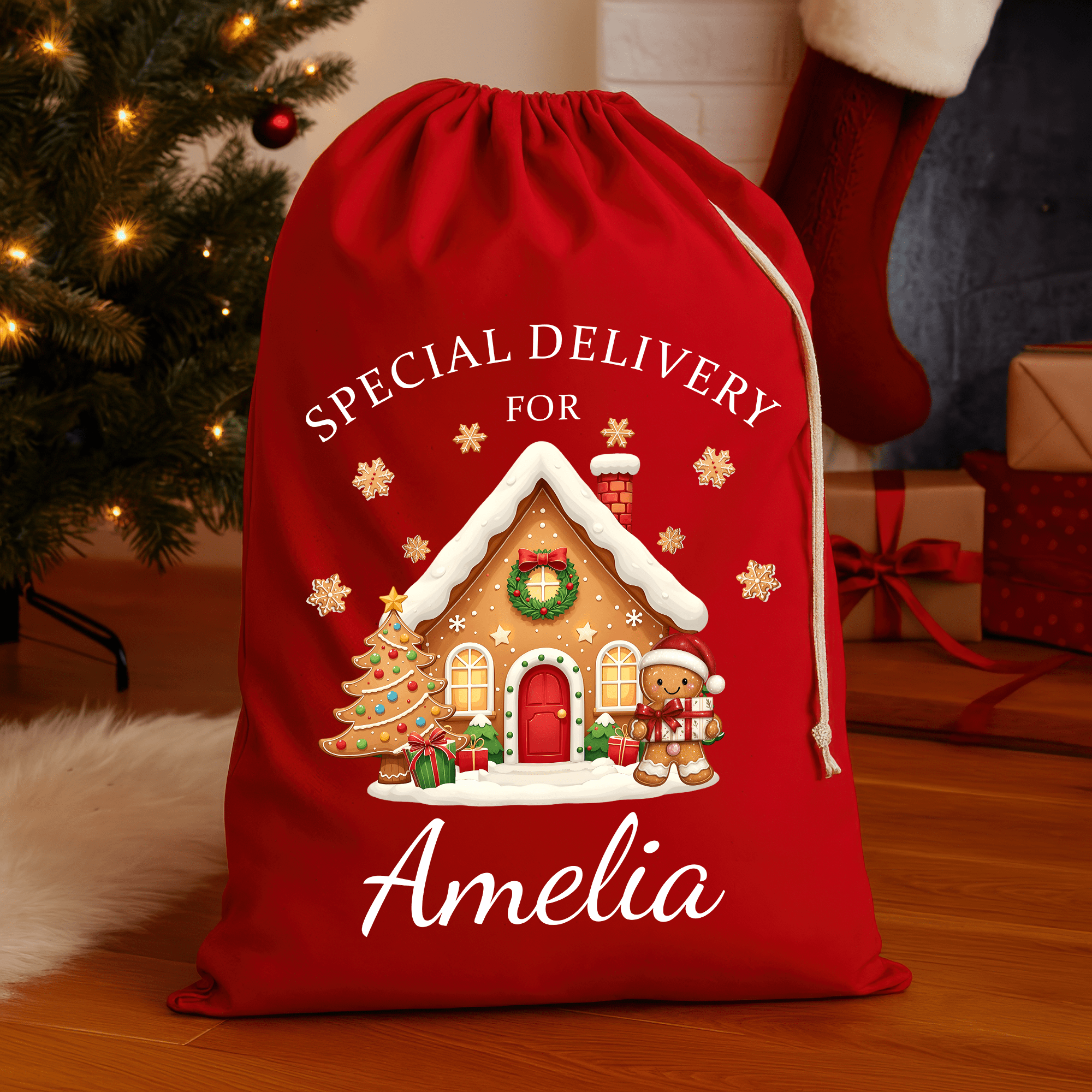 Personalised Red Christmas Santa Sack – Gingerbread House - Chicken Craft Ltd
