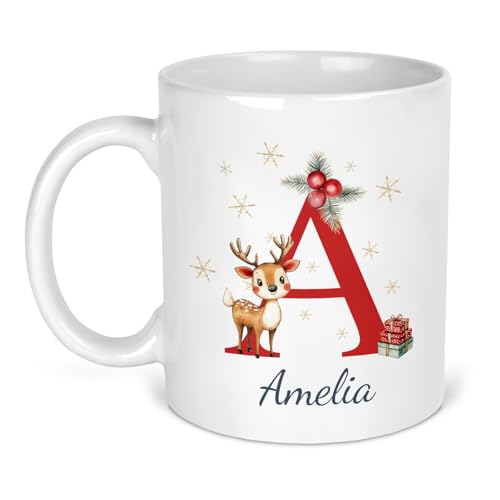 Red deer initial Christmas ceramic mug personalised with a name.