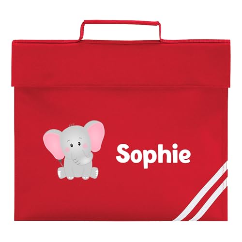 Red school book bag with cartoon elephant and personalised name.