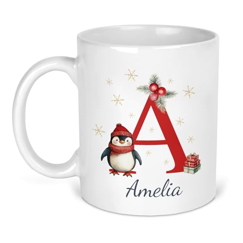 Red penguin initial Christmas ceramic mug personalised with a name.