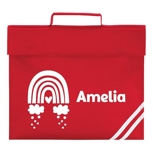 Red school book bag with rainbow, clouds, heart and name design.