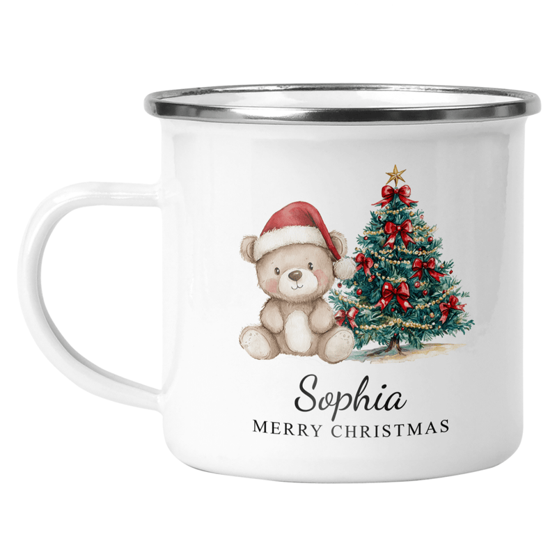 Personalised Red Teddy Bear Enamel Mug shown with printed design