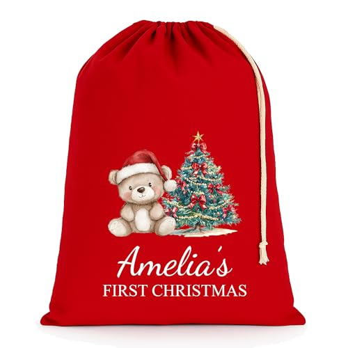 Personalised Red Teddy Christmas Santa Sack with Name