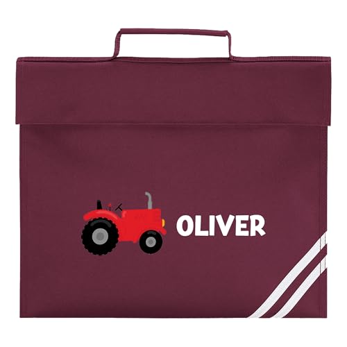 Personalised burgundy school book bag with red tractor design and white name.