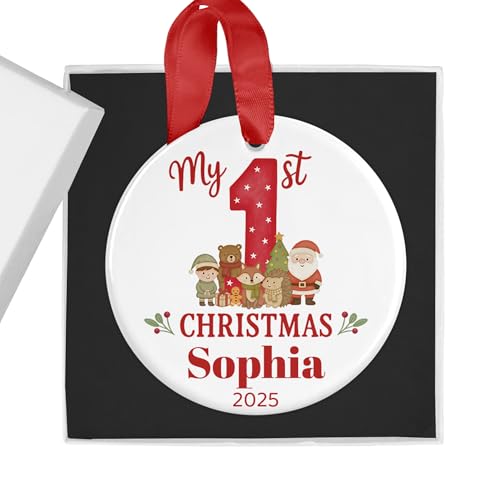 Personalised red first Christmas ceramic bauble with woodland design.