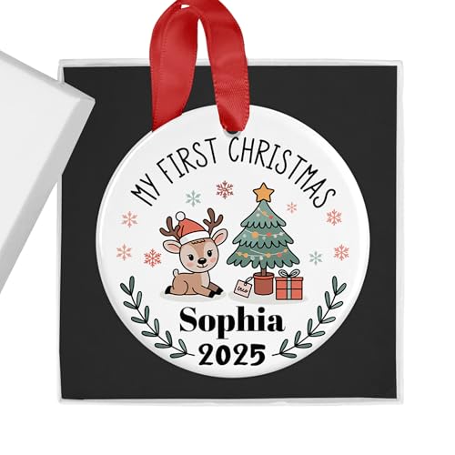 Personalised Reindeer and Tree First Christmas Bauble with Box