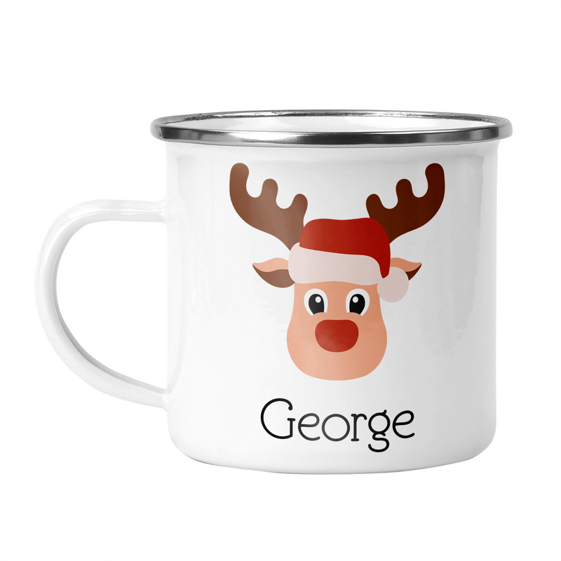 Personalised Reindeer Enamel Mug with Name shown with printed design