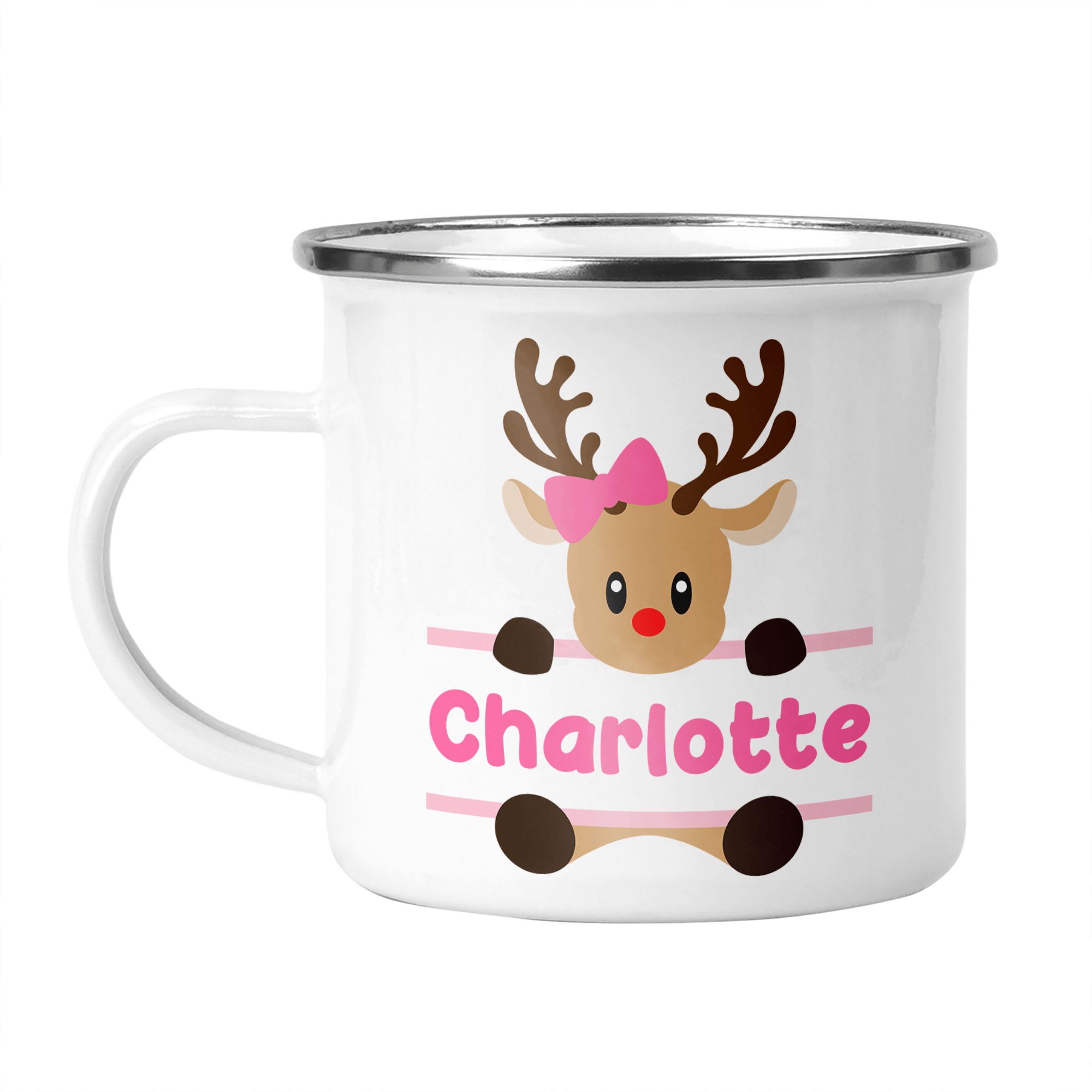 Personalised Reindeer Enamel Mug - Pink, Blue or Red - Chicken Craft Ltd