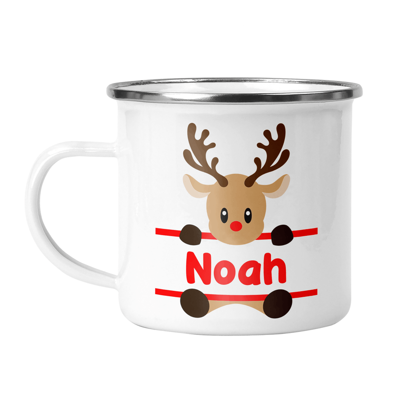 Personalised Reindeer Enamel Mug in Pink, Blue or Red shown with printed design