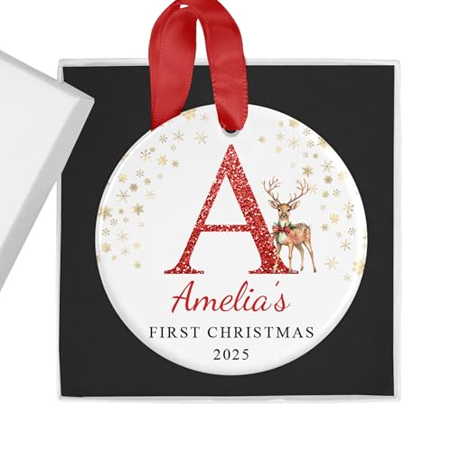Personalised Reindeer Initial First Christmas Bauble