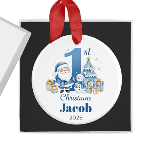 Personalised Santa and Tree Scene First Christmas Bauble with Box