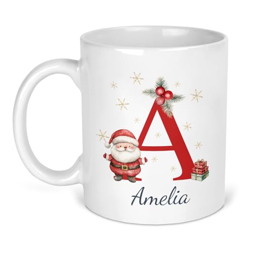 Santa Initial Christmas ceramic mug with initial and name