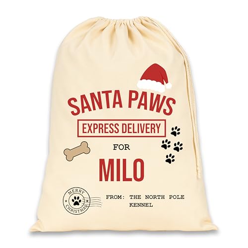 Santa Paws dog Christmas sack with personalised name