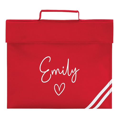 Red school book bag with white script name, heart icon and corner stripes.