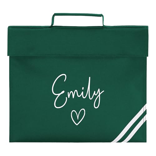 Dark green Script Name Heart school book bag with personalised name.