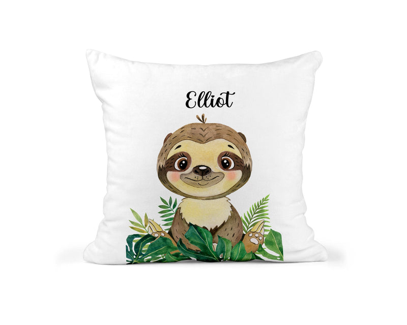 Personalised Sloth Cushion with Name showing sloth artwork with a relaxed animal feel front view