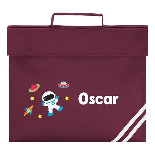 Personalised burgundy space school book bag with astronaut, rocket, UFO and name.