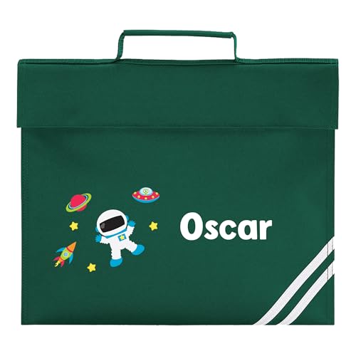 Personalised green space school book bag with large white rounded name.