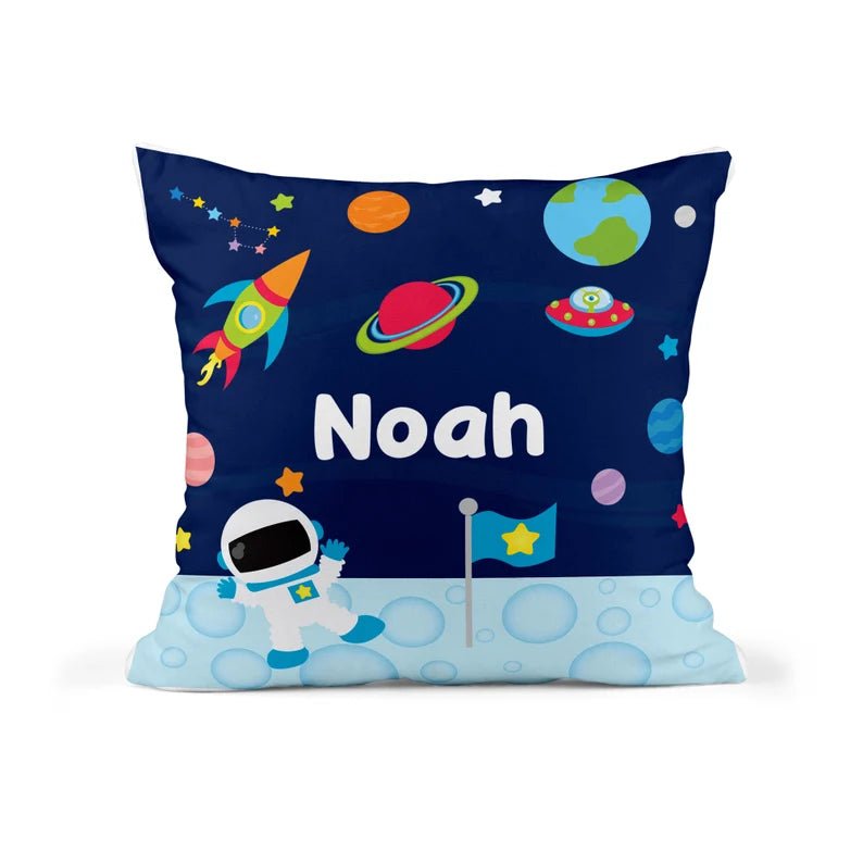 Personalised Space Cushion with Name showing a space themed design front view